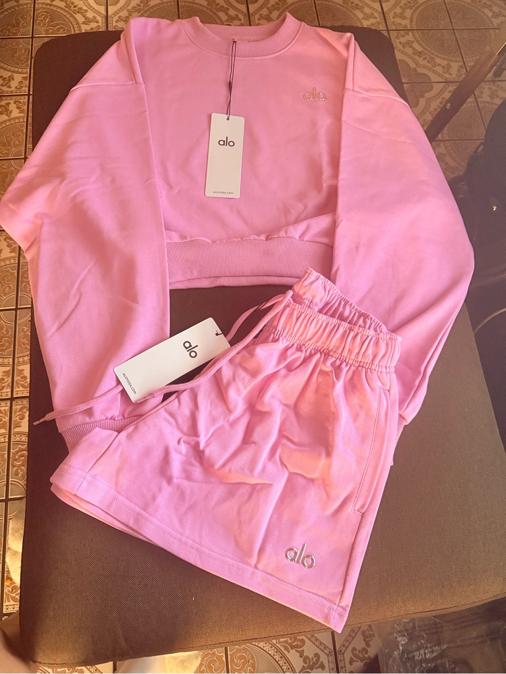 ALO Yoga Pink Cropped Sweatshirt & Elastic-Waist Shorts Set